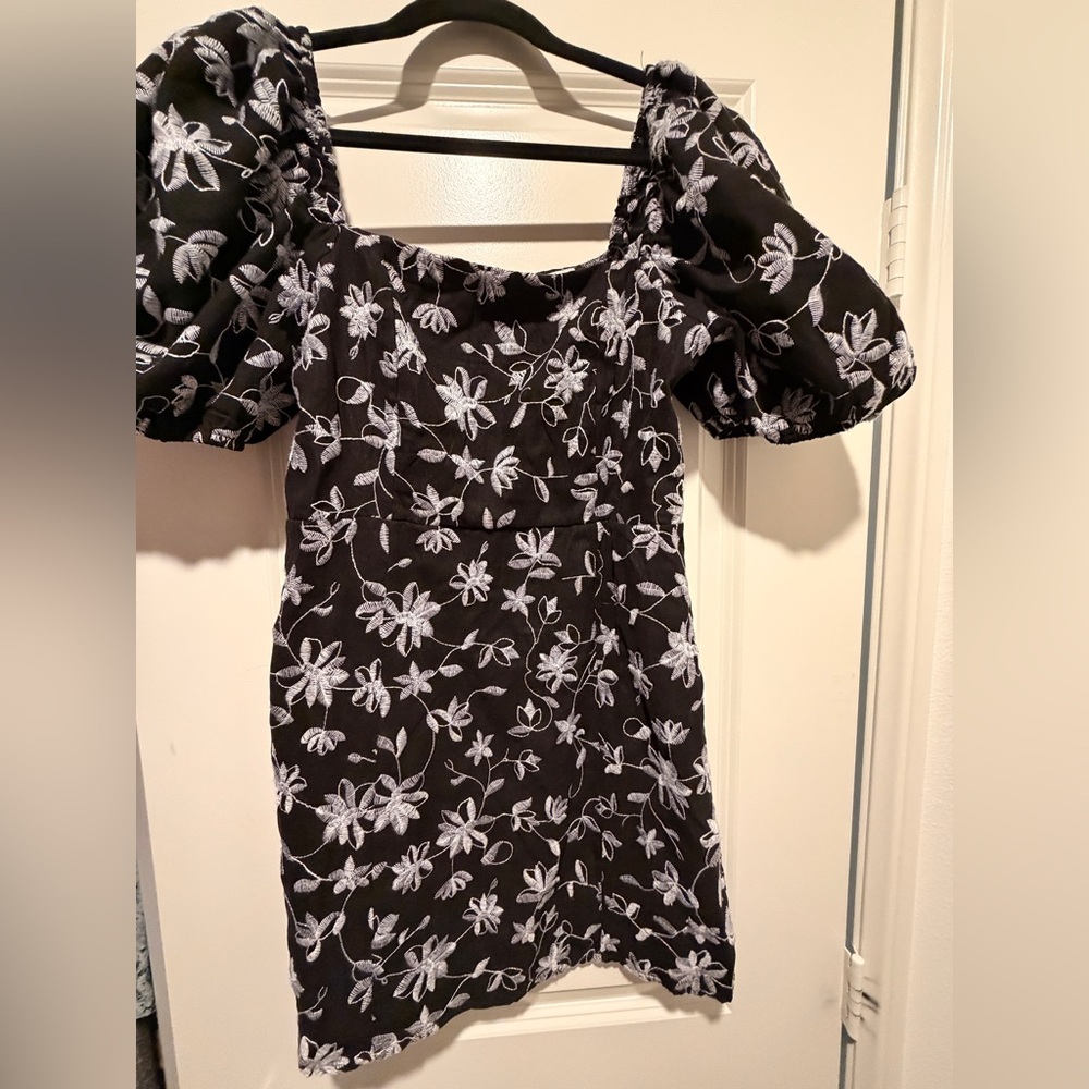 Blue Rain Black and White Floral Mini Dress embroidered